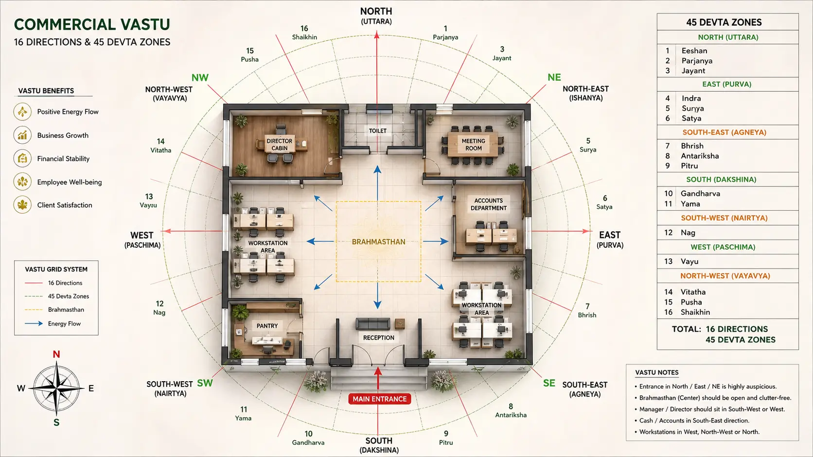 Commercial Vastu floor plan zoning and direction-wise business layout
