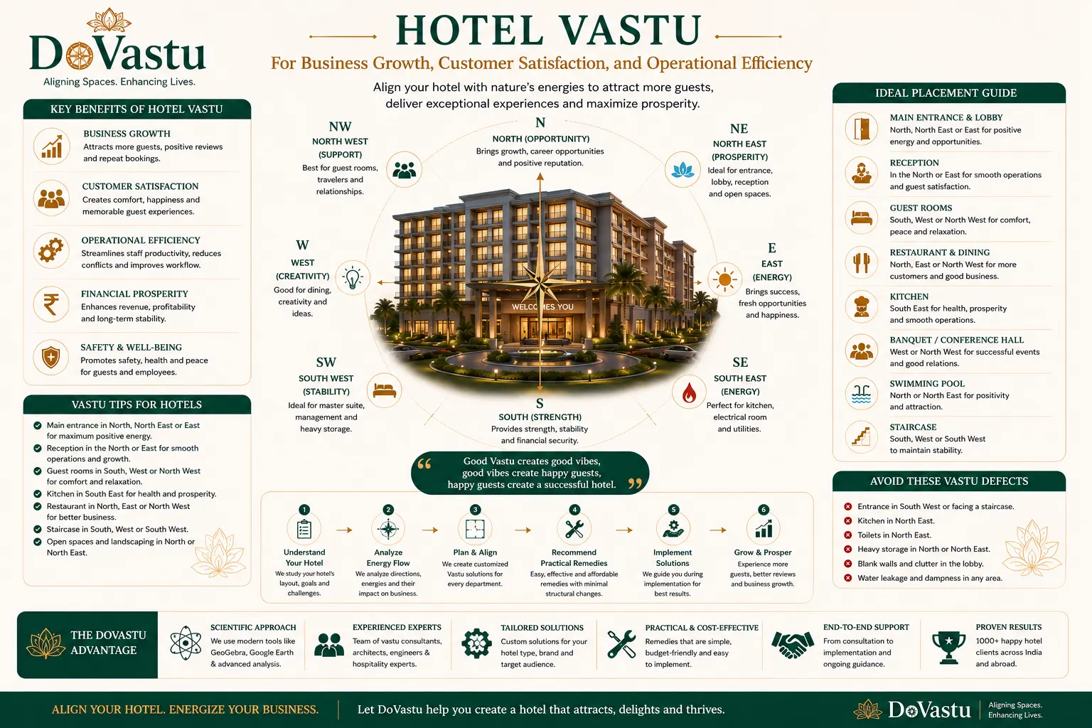 Hotel Vastu infographic for success through guest room kitchen dining and service area zoning